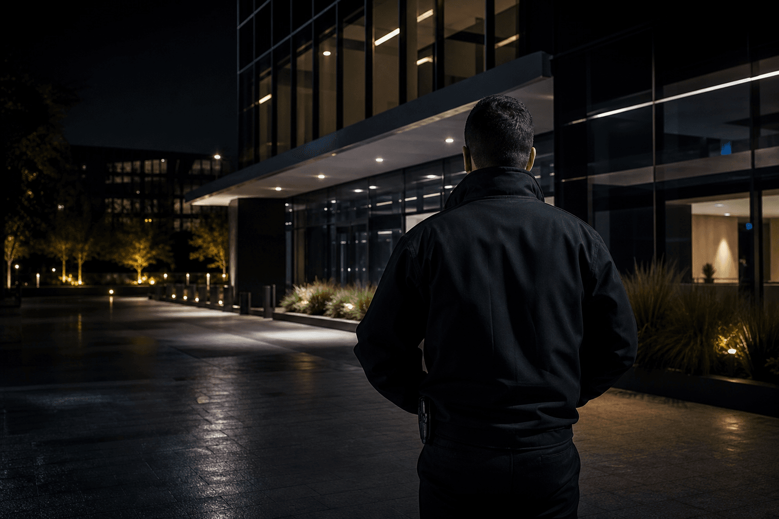 Agent de sécurité privé vu de dos devant un bâtiment professionnel de nuit