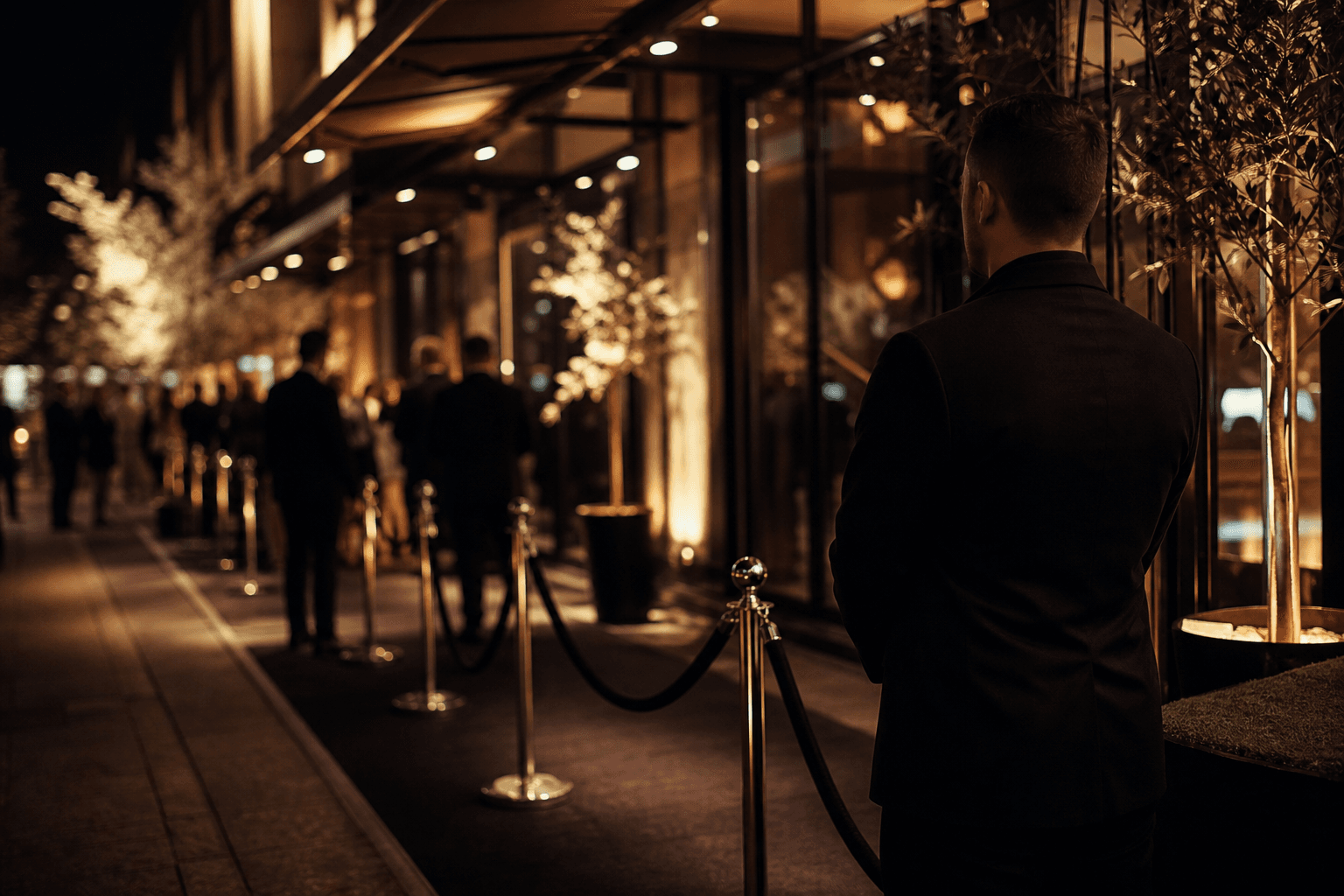 Entrée d’événement professionnel de nuit avec contrôle discret