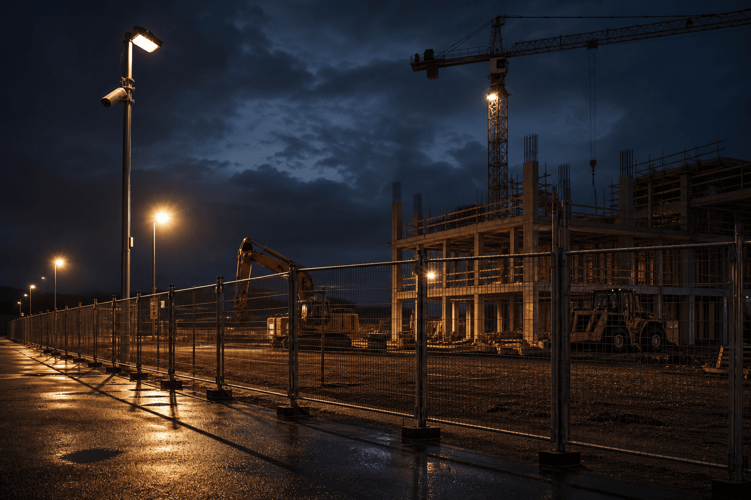 Chantier sécurisé de nuit avec éclairage périmétrique