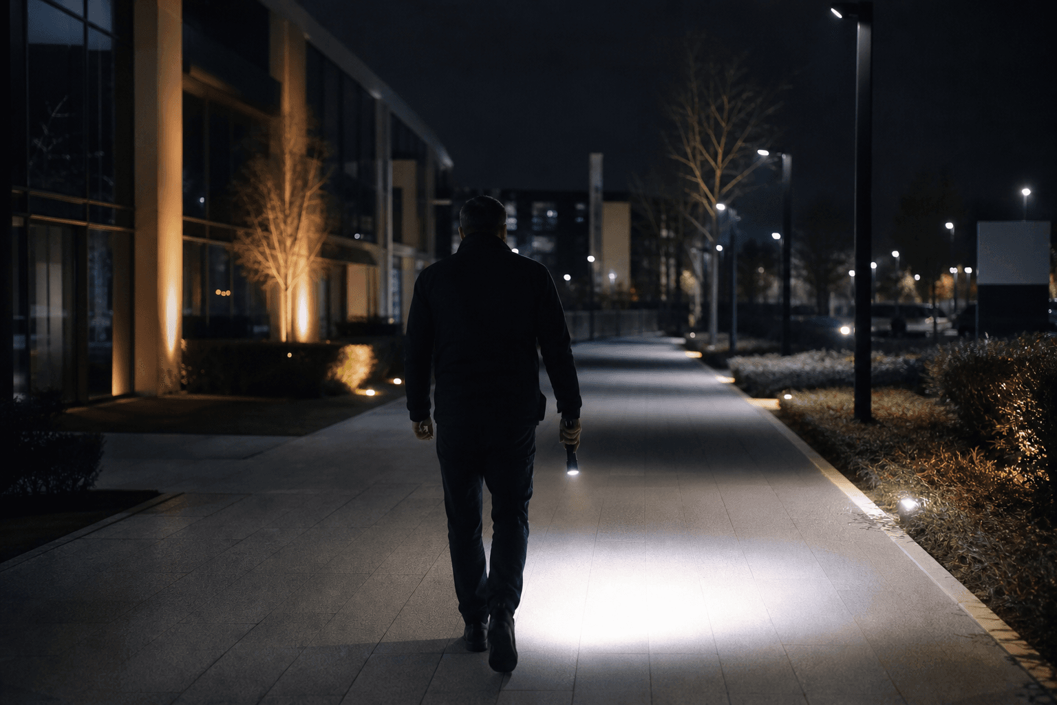Ronde de sécurité de nuit autour d’un site professionnel